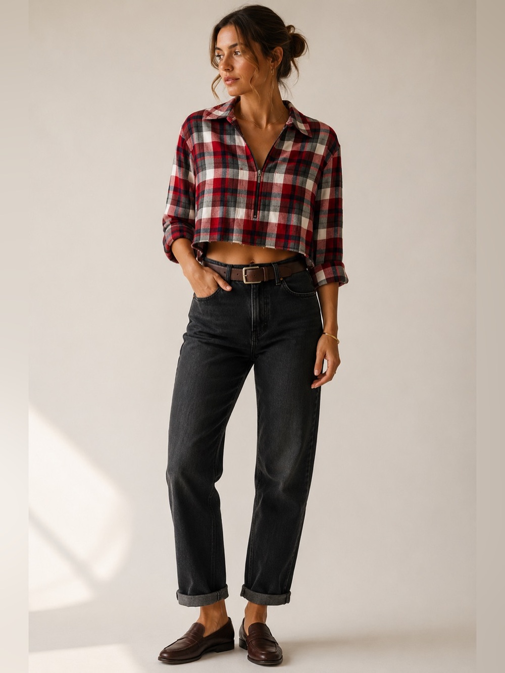 Vintage Eddie Bauer Red Plaid Cropped 1/4 Zip Cotton Shirt